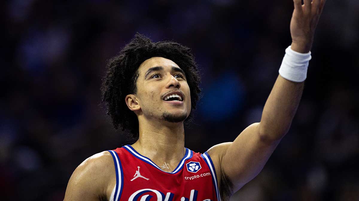 Philadelphia 76ers guard Jared McCain (20) reacts to a play against the Brooklyn Nets during the second quarter at Wells Fargo Center. 