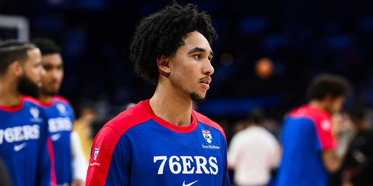 Philadelphia 76ers guard Jared McCain (20) warms up before the game against the Cleveland Cavaliers at Wells Fargo Center. 