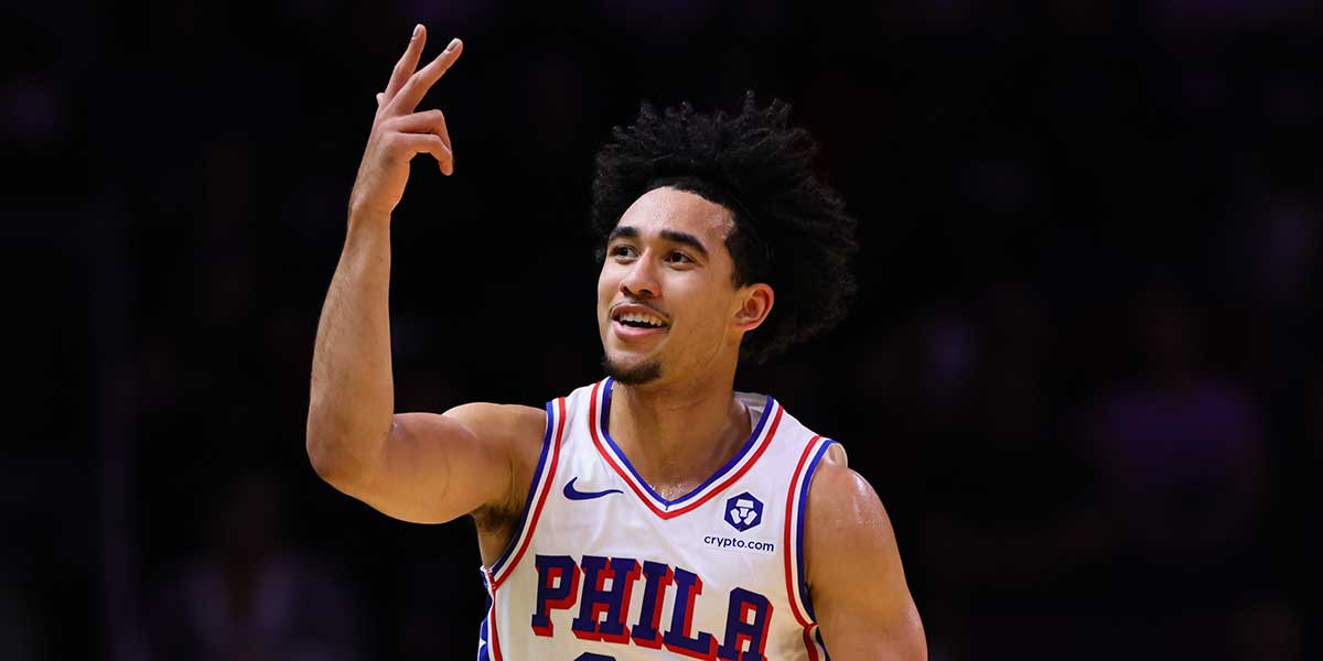 Philadelphia 76ers guard Jared McCain (20) reacts after scoring against the Miami Heat during the first quarter at Kaseya Center. Mandatory Credit: Sam Navarro-Imagn Images