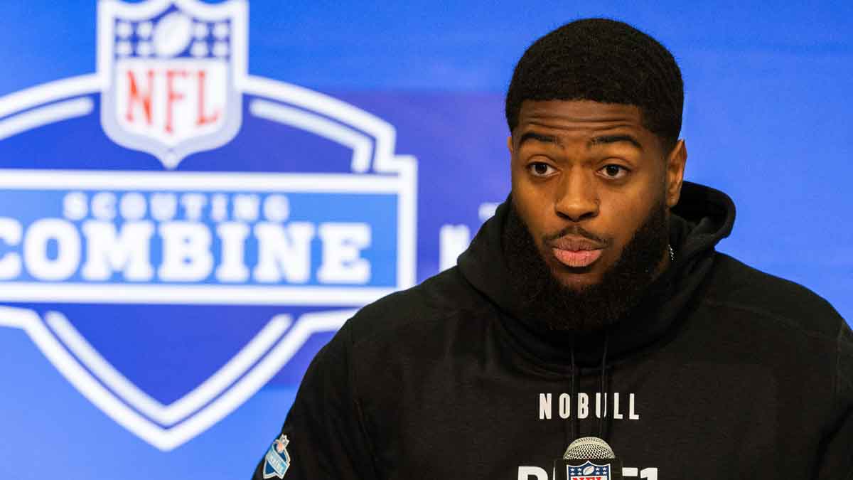 Florida State defensive lineman Jared Verse (DL51) talks to the media at the 2024 NFL Combine at Indiana Convention Center. 