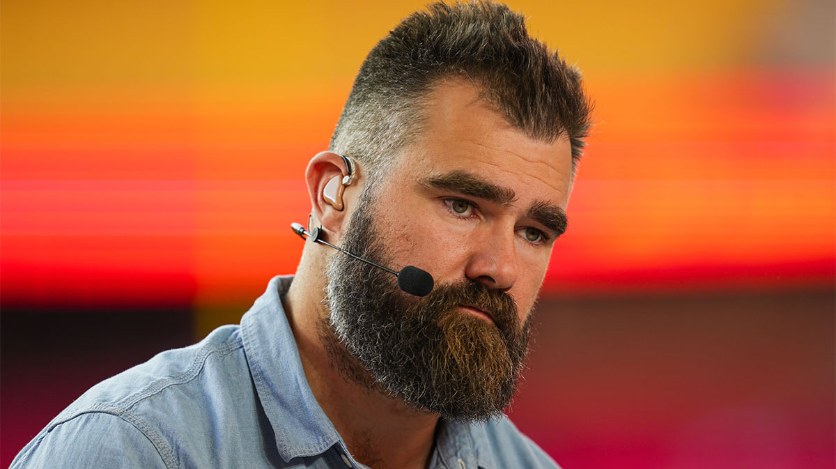 Former NFL player Jason Kelce prior to a game between the New Orleans Saints and the Kansas City Chiefs at GEHA Field at Arrowhead Stadium