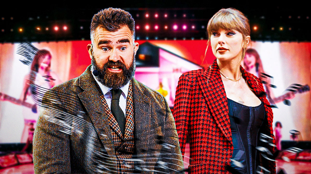 Travis Kelce's brother, Jaosn, next to Taylor Swift and Eras Tour stage background.