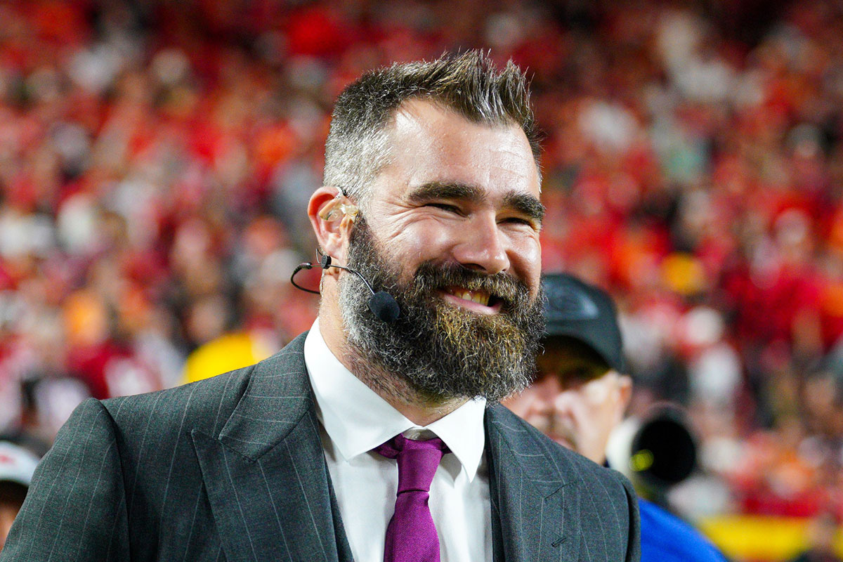 Former NFL player and ESPN commentator Jason Kelce on the sidelines during the first half of the game between the Kansas City Chiefs and Tampa Bay Buccaneers at GEHA Field at Arrowhead Stadium.