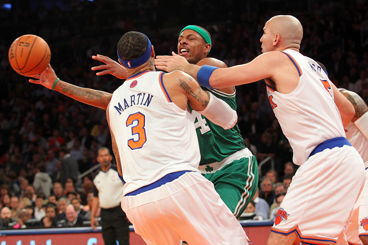 Boston Celtics Forward Paul Pierce (34) Brani New York Knicks Next Kenyon Martin (3) and New York Knicks Guard Jason Kidd (5) During the first quarter of the game five first rounds of the playoffs in Madison Square. 