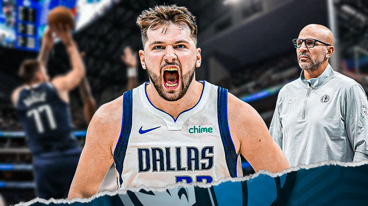 Mavericks Luka Doncic looking frustrated/upset. Mavericks Jason Kidd next to him looking serious. In background, Mavericks Luka Doncic shooting a basketball.