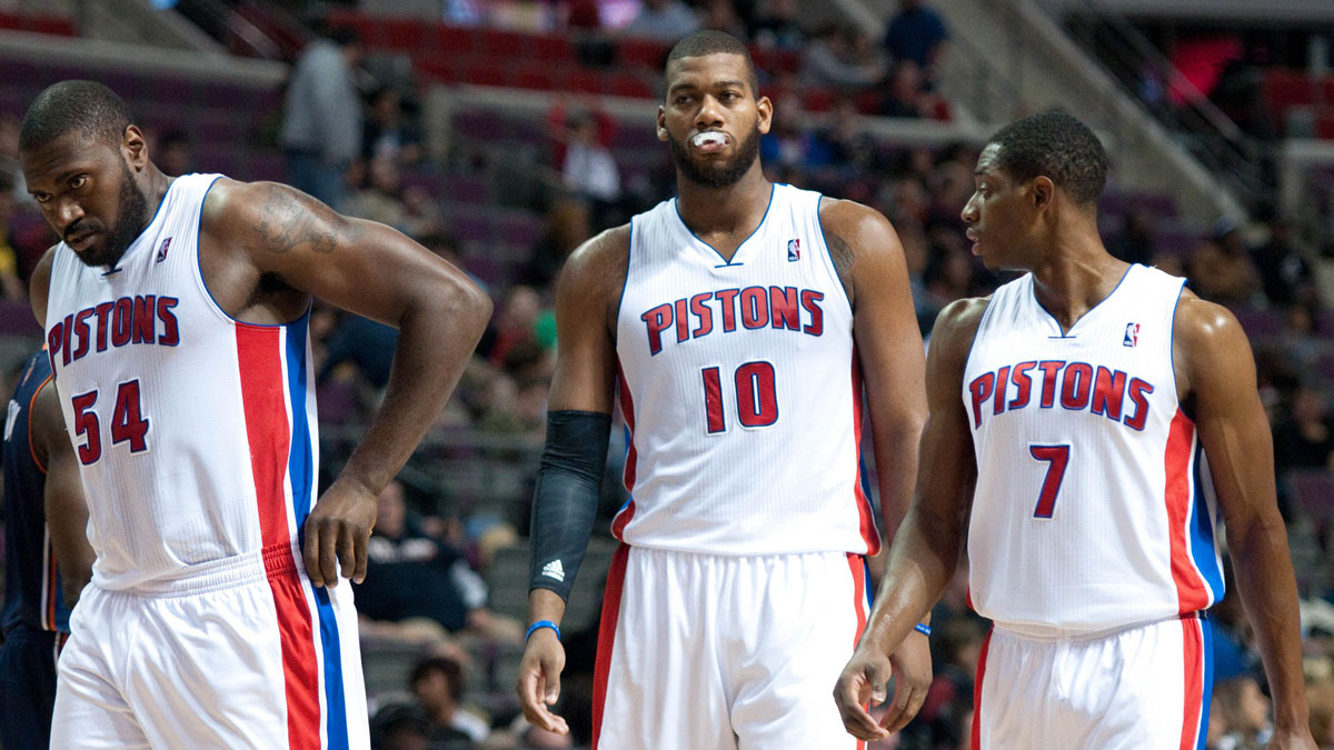 Detroit Pistons power forward Jason Maxiell (54), center Greg Monroe (10), and point guard Brandon Knight (7) during the game against the Charlotte Bobcats at The Palace.