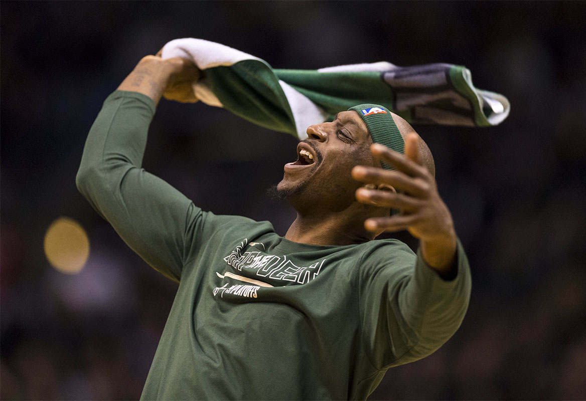 Milvaukee Bucks Guard Jason Terri reacts with a crowd in the second quarter against Boston Celtics in the game six first round of NBA 2018. In BMO Harris Bradley Center.