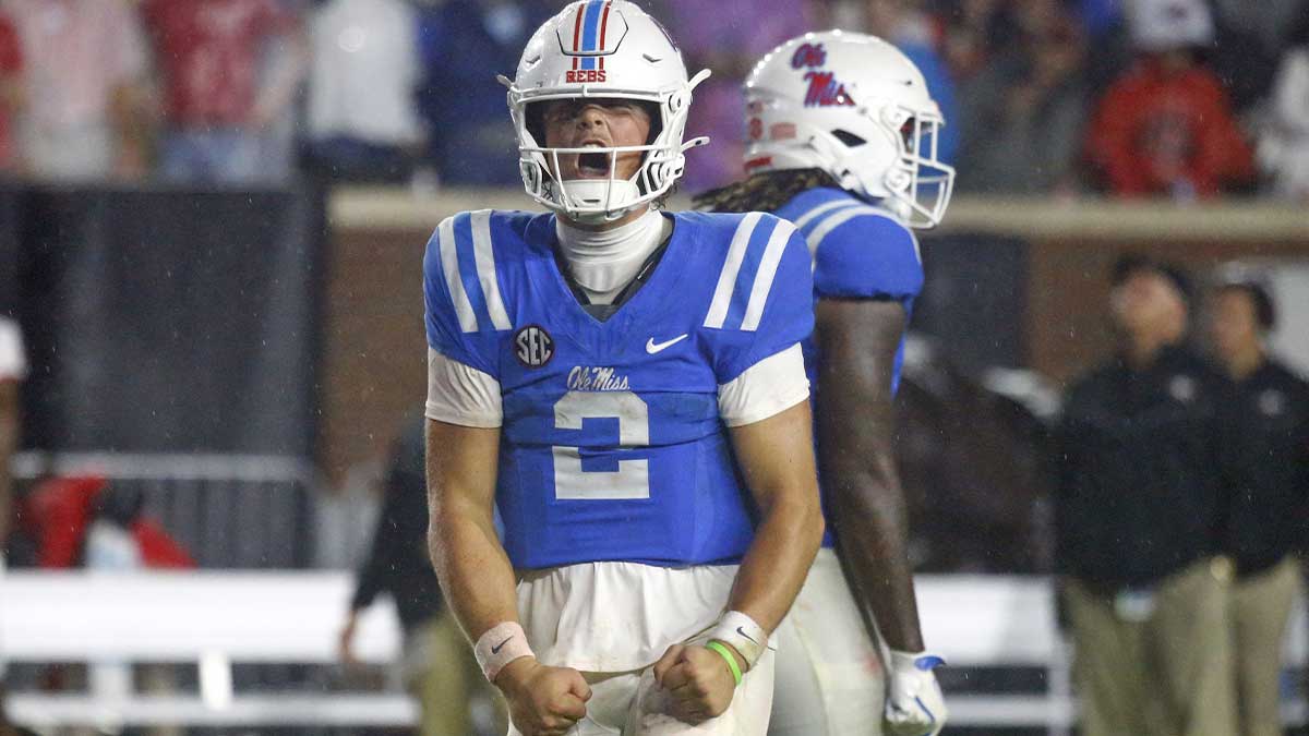 Mississippi Rebels quarterback Jaxson Dart (2) reacts during the second half against the Georgia Bulldogs at Vaught-Hemingway Stadium.