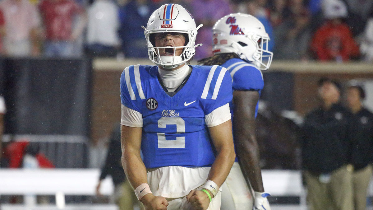 Mississippi Rebels quarterback Jaxson Dart (2) reacts during the second half against the Georgia Bulldogs at Vaught-Hemingway Stadium.