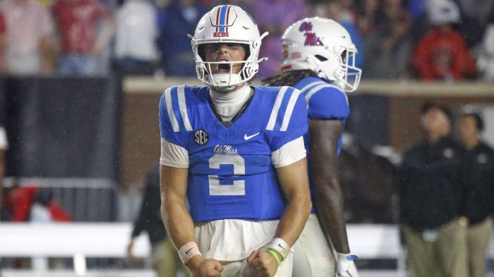 Mississippi Rebels quarterback Jaxson Dart (2) reacts during the second half against the Georgia Bulldogs at Vaught-Hemingway Stadium.