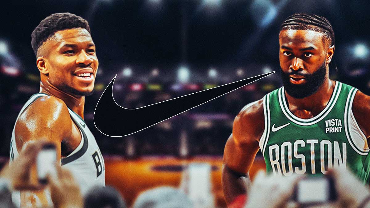 Bucks' Giannis Antetokounmpo smiling, with Nike logo beside him, Celtics' Jaylen Brown looking angry