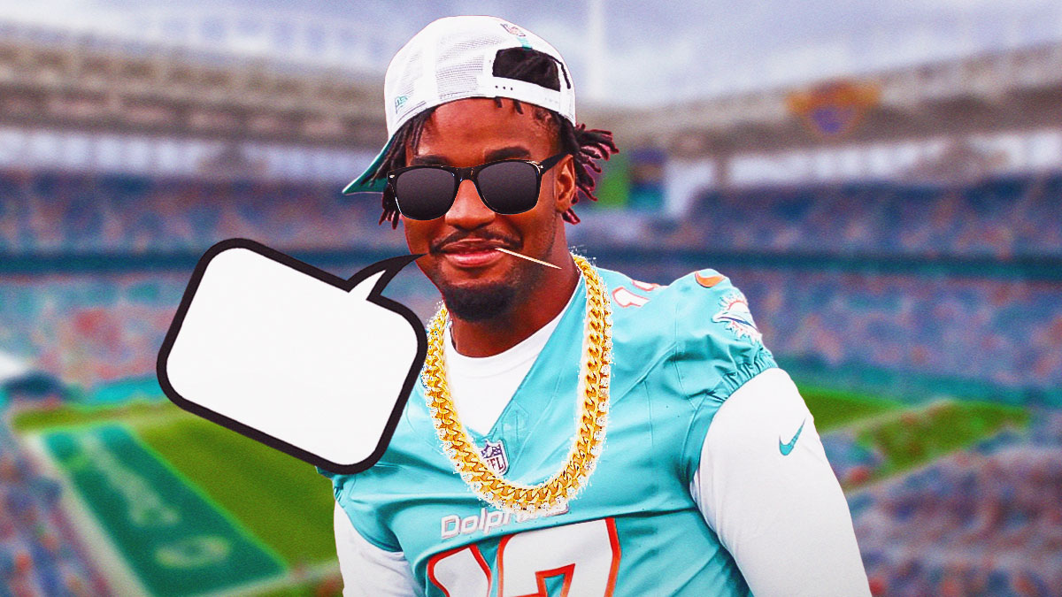 Miami Dolpins WR Jaylen Waddle with black sunglasses, gold chains on, and a toothpick in his mouth. Also, have an empty speech bubble coming from his mouth please.