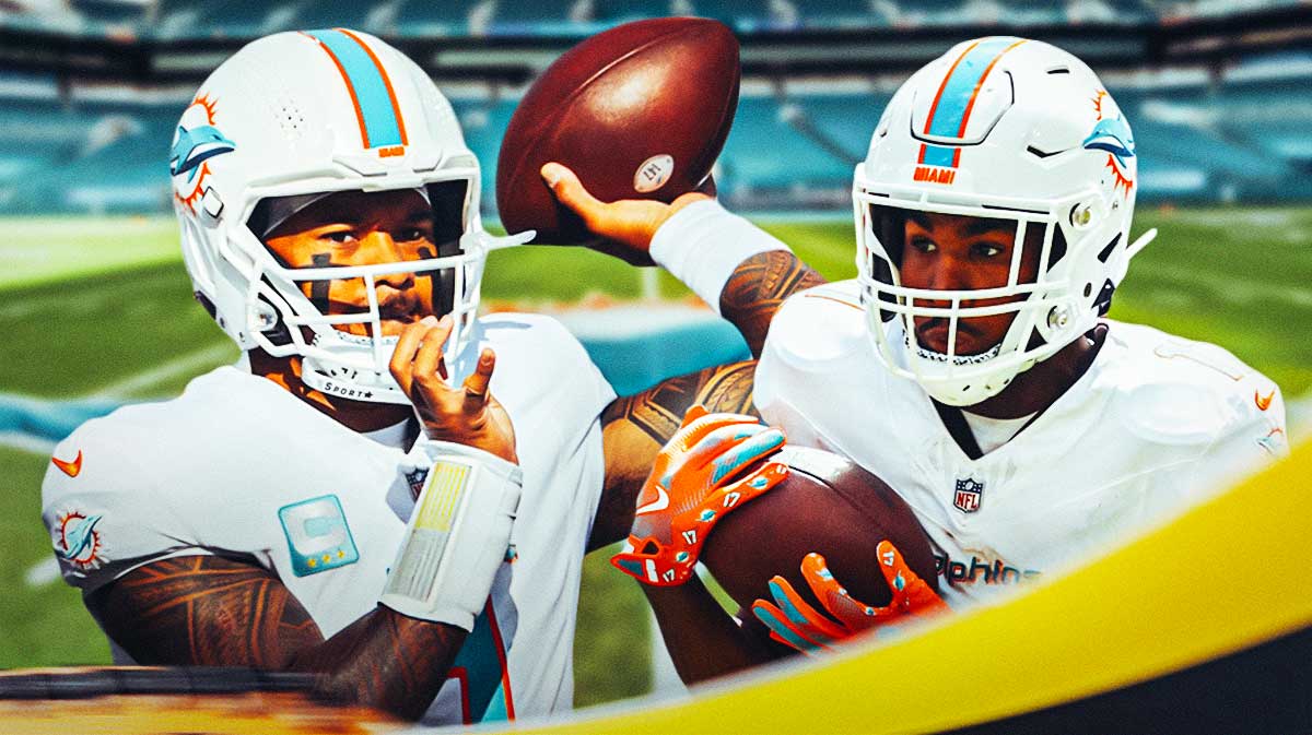 Dolphins Tua Tagovailoa throwing a football and Dolphins Jaylen Waddle catching a pass