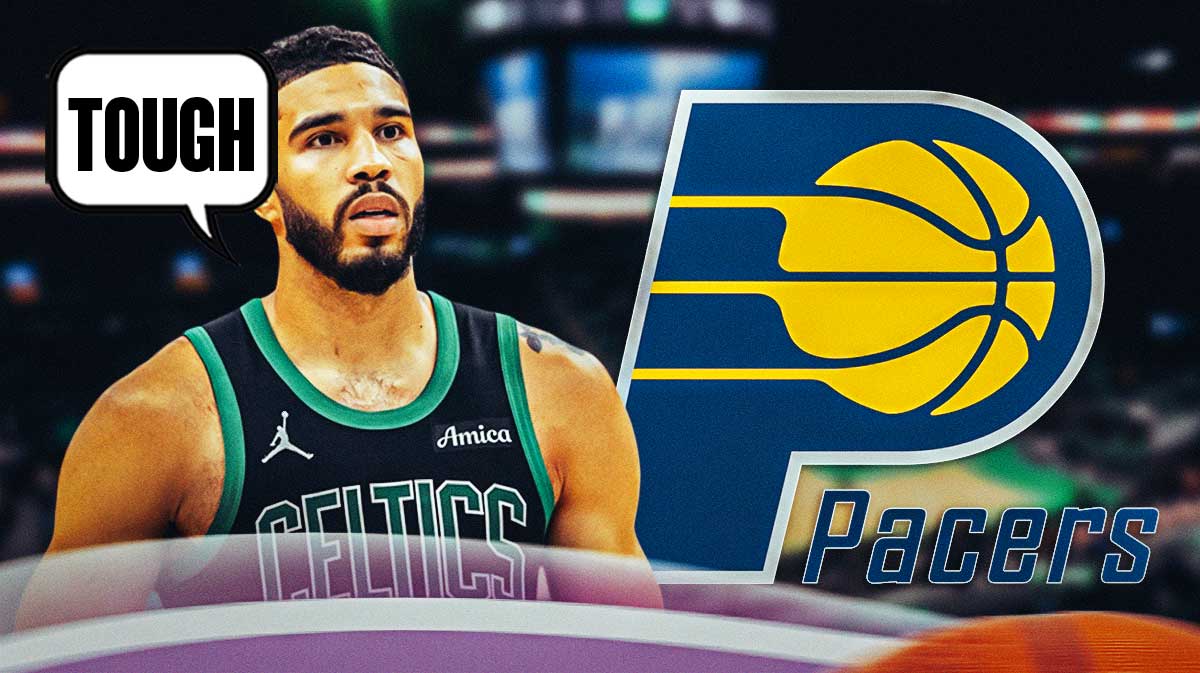 Jayson Tatum with a thought bubble that says "Tough" with the Indiana Pacers logo next to him.