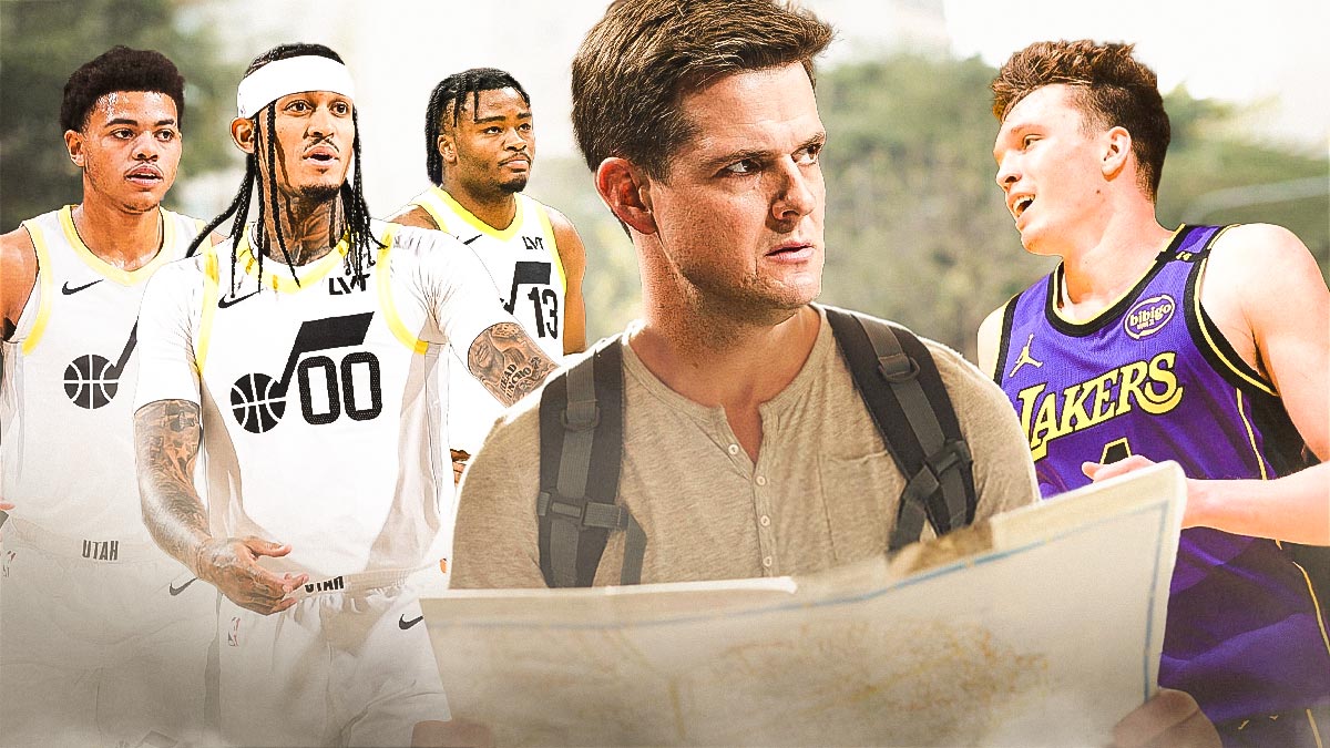 Jazz's Will Hardy angry, while holding a map, speech bubble: YOU ALL NEED A MAP, with Jordan Clarkson, Keyonte George, and Isaiah Collier all looking lost, Lakers' Dalton Knecht laughing from above them