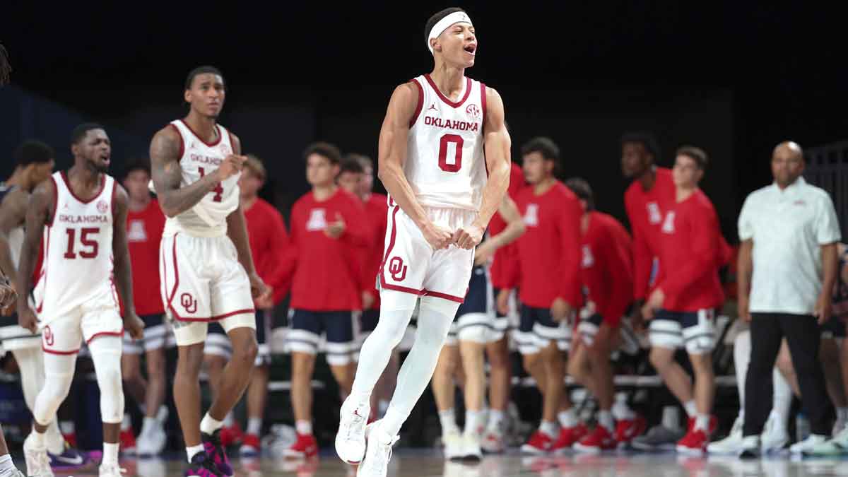Oklahoma Sooners guard Jeremiah Fears (0) reacts after the game against the Arizona Wildcats in the Imperial Arena at the Atlantis Resort.