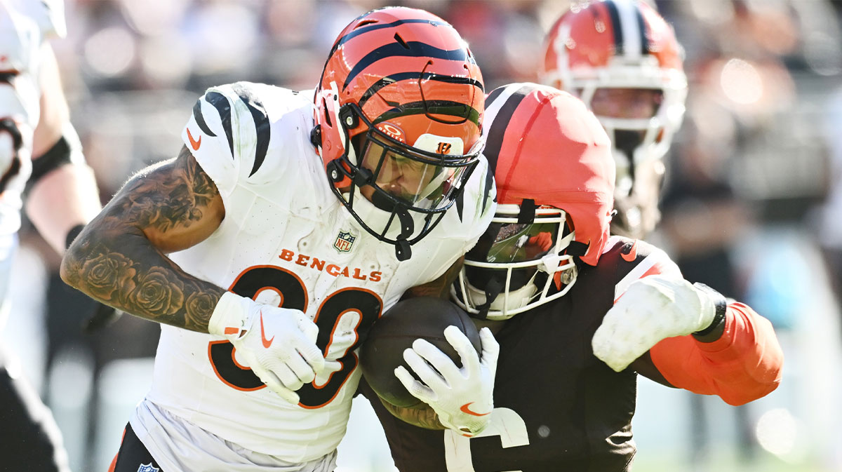 Cleveland Browns linebacker Jeremiah Owusu-Koramoah (6) tackles Cincinnati Bengals running back Chase Brown (30) during the second half at Huntington Bank Field.
