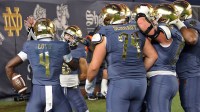 Notre Dame Fighting Irish running back Jeremiyah Love (4) celebrates a touchdown against the Army Black Knights during the first half at Yankee Stadium.