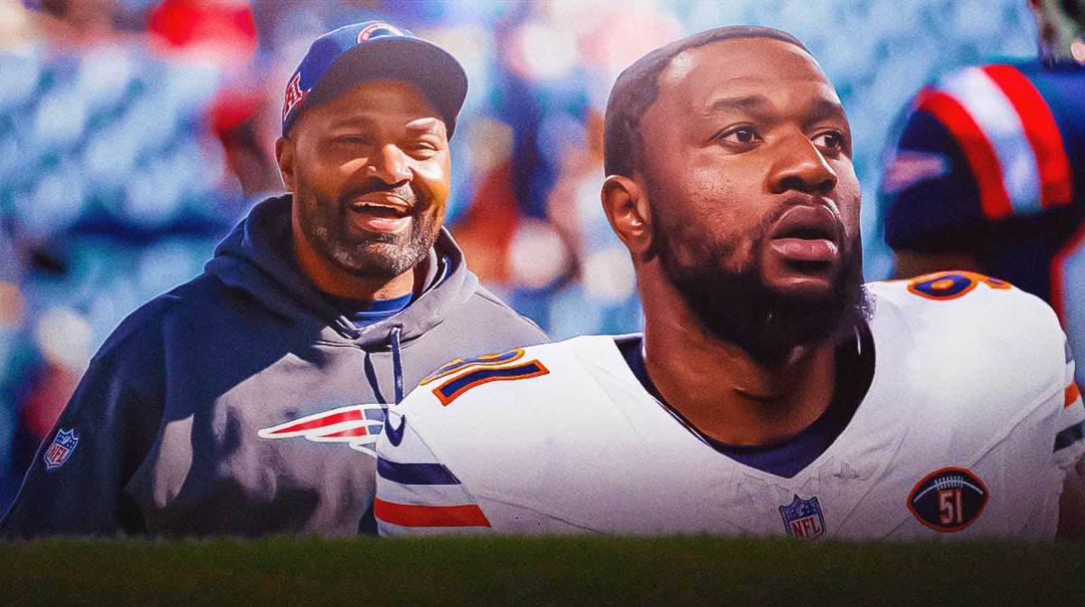 Jerod Mayo next to Yannick Ngakoue in front of the Patriots stadium
