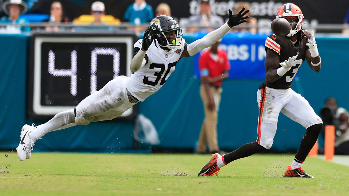 Cleveland Browns wide receiver Jerry Jeudy (3) hauls in a reception against Jacksonville Jaguars cornerback Montaric Brown (30) during the fourth quarter of an NFL football matchup Sunday, Sept. 15, 2024 at EverBank Stadium in Jacksonville, Fla. The Browns defeated the Jaguars 18-13.