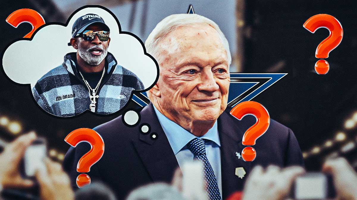 Cowboys owner Jerry Jones with a thought bubble of Deion Sanders in Colorado gear with question marks around him and the Cowboys logo next to Jones