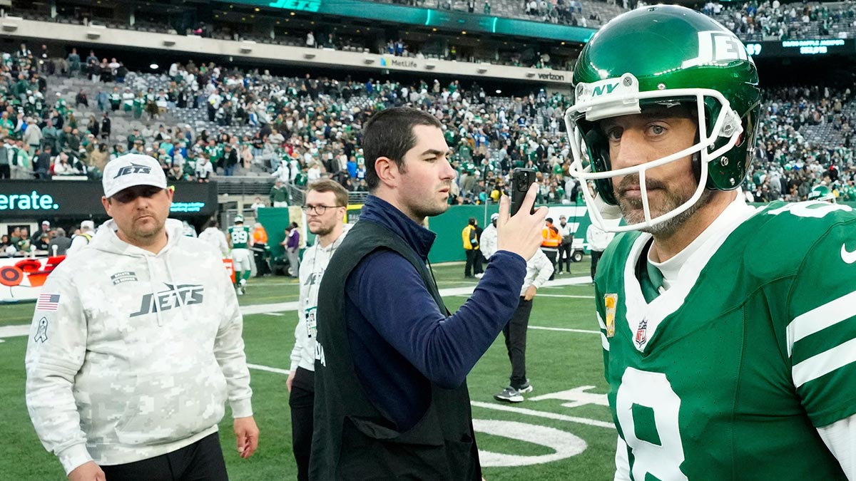 New York Jets QB Aaron Rodgers (8) after 28-27 loss to the Indianapolis Colts on Sunday, Nov. 17, 2024 at MetLife Stadium.