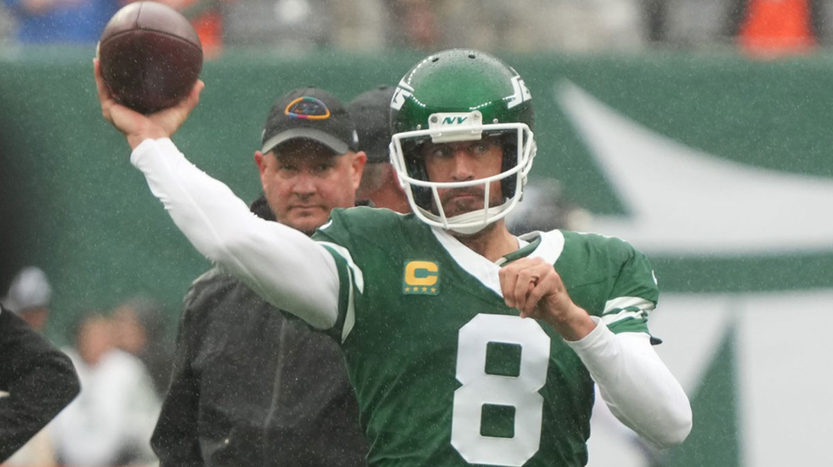 Offensive coordinator Nathaniel Hackett and Aaron Rodgers of the Jets during pre game warm ups as the Denver Broncos and New York Jets meet at MetLife Stadium. 