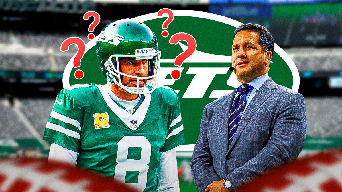 New York Jets QB Aaron Rodgers surrounded by question mark emojis. He is next to NFL insider Adam Schefter. There is also a logo for the New York Jets.