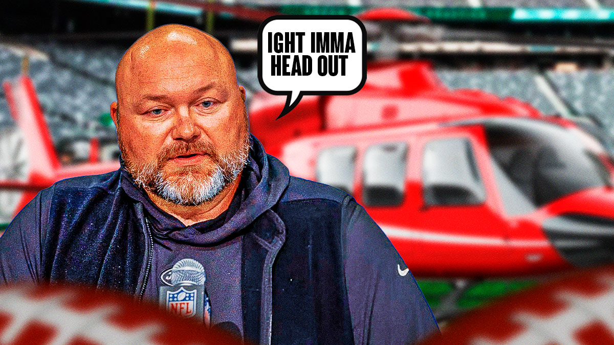 Jets' Joe Douglas with a talk bubble IGHT IMMA HEAD OUT next to a helicopter