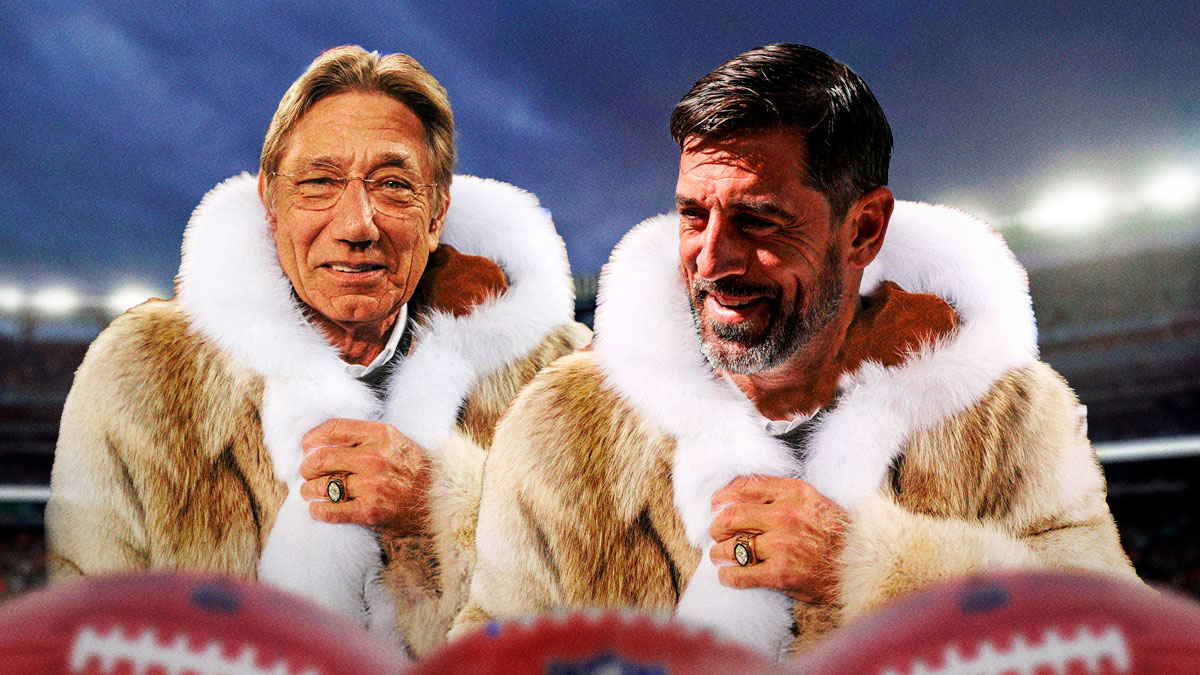 Jets' Joe Namath in his famous fur coat (from the 1970s) and Aaron Rodgers head on the same body with a fur coat