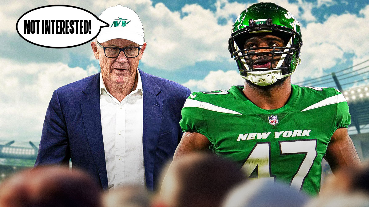 Bryce Huff in a New York Jets uniform and Jets owner Woody Johnson with a speech bubble saying: Not interested! as Johnson shot down a deal to keep Huff with the Jets.
