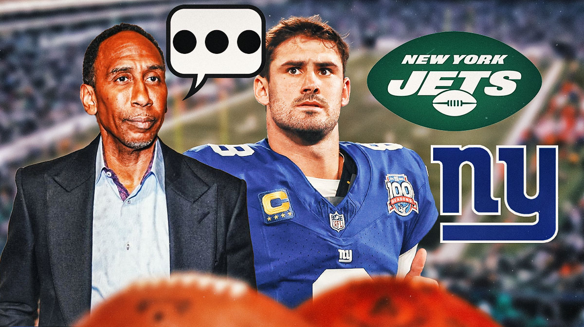 Sports personality Stephen A. Smith with a speech bubble that has the three dots emoji inside. He is next to former Giants QB Daniel Jones. There are also logos for the New York Giants and New York Jets.