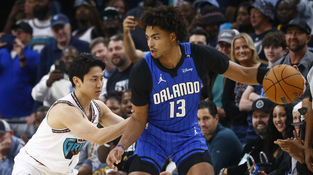 Orlando Magic guard Jett Howard (13) dribbles as Memphis Grizzlies guard Yuki Kawamura (17) defends during the second half at FedExForum.