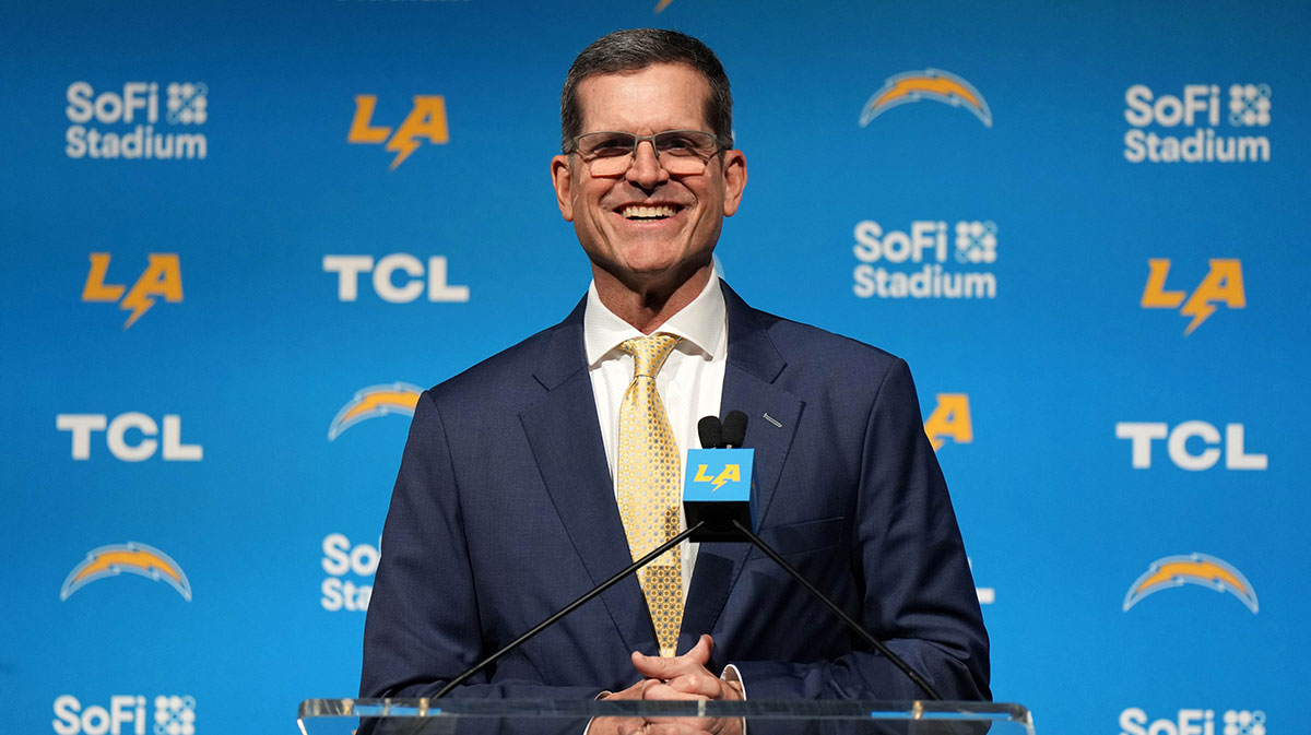 Los Angeles Chargers coach Jim Harbaugh speaks at an introductory press conference at the YouTube Theater at SoFi Stadium. 