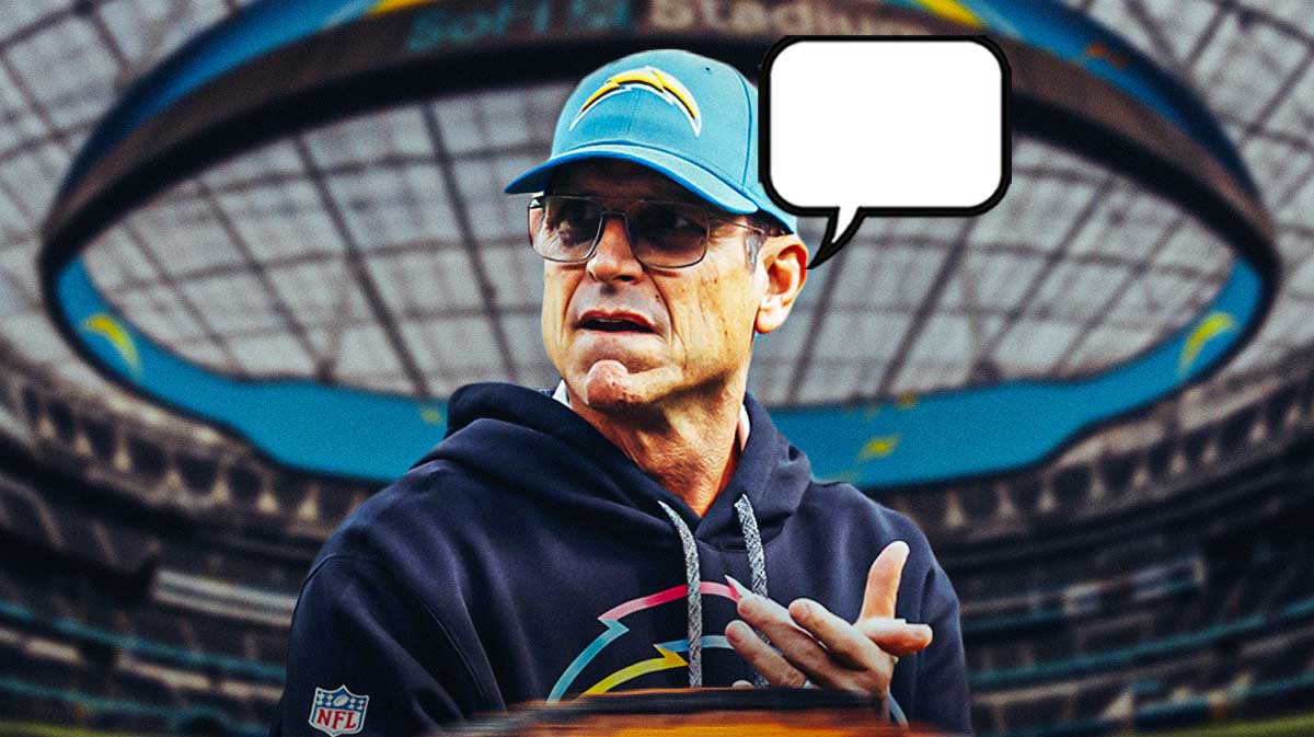 Jim Harbaugh with a text bubble above him.