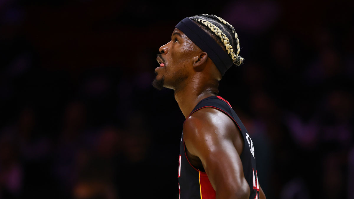 Miami Heat forward Jimmy Butler (22) looks on against the Sacramento Kings during the first quarter at Kaseya Center.
