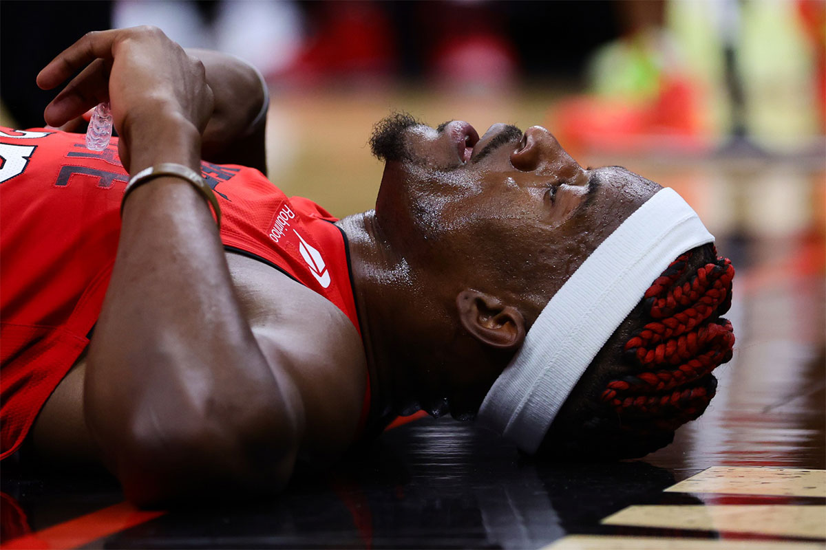 Miami Heat forward Jimmy Butler (22) looks on after drawing a foul against the Philadelphia 76ers during the second quarter at Kaseya Center.