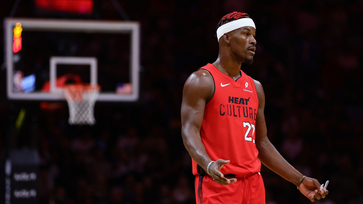 Miami Heat forward Jimmy Butler (22) reacts against the Philadelphia 76ers during the third quarter at Kaseya Center.