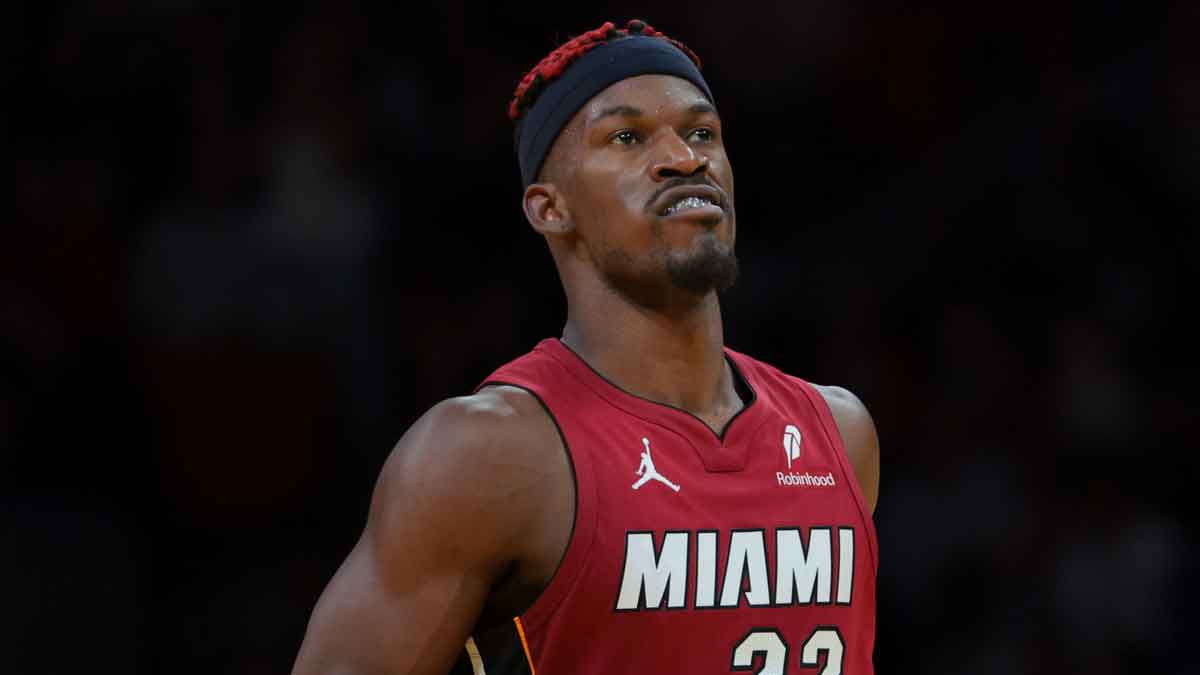 Miami Heat forward Jimmy Butler (22) looks on against the Milwaukee Bucks during the fourth quarter at Kaseya Center.