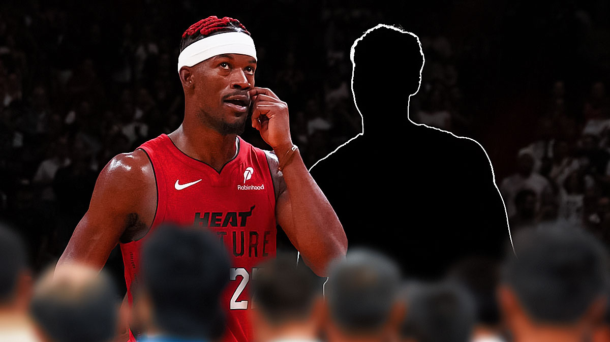 Miami Heat star Jimmy Butler and a silhouetted Pelle Larsson in front of Kaseya Center.