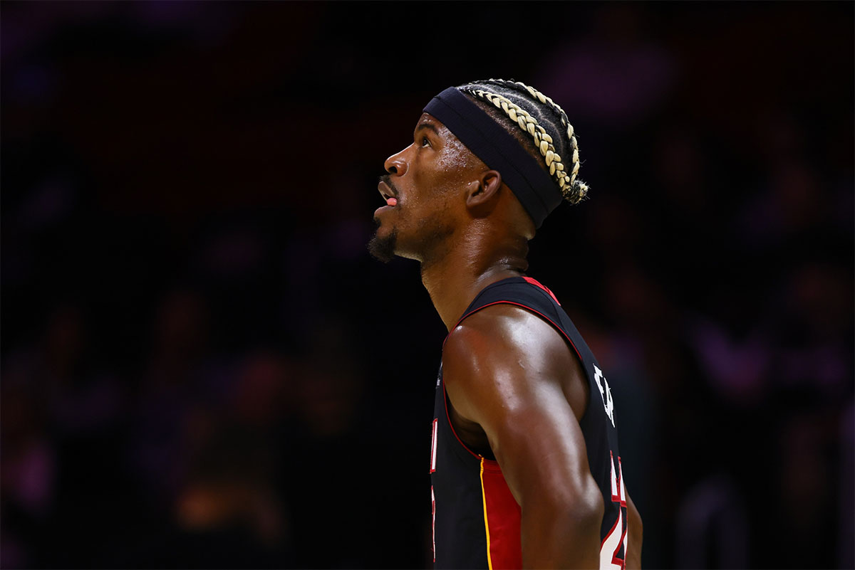 Miami Heat forward Jimmy Butler (22) looks on against the Sacramento Kings during the first quarter at Kaseya Center.