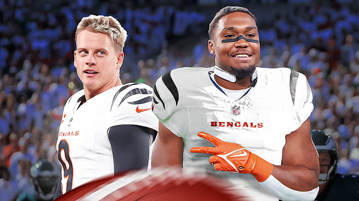 Bengals Joe Burrow smiling on left. Khalil Herbert in a Bengals 2024 jersey on right.