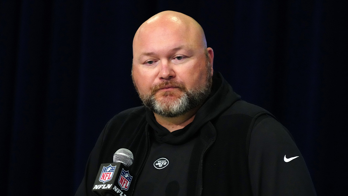 Feb 28, 2024; Indianapolis, IN, USA; New York Jets general manager Joe Douglas speaks at a press conference at the NFL Scouting Combine at Indiana Convention Center.