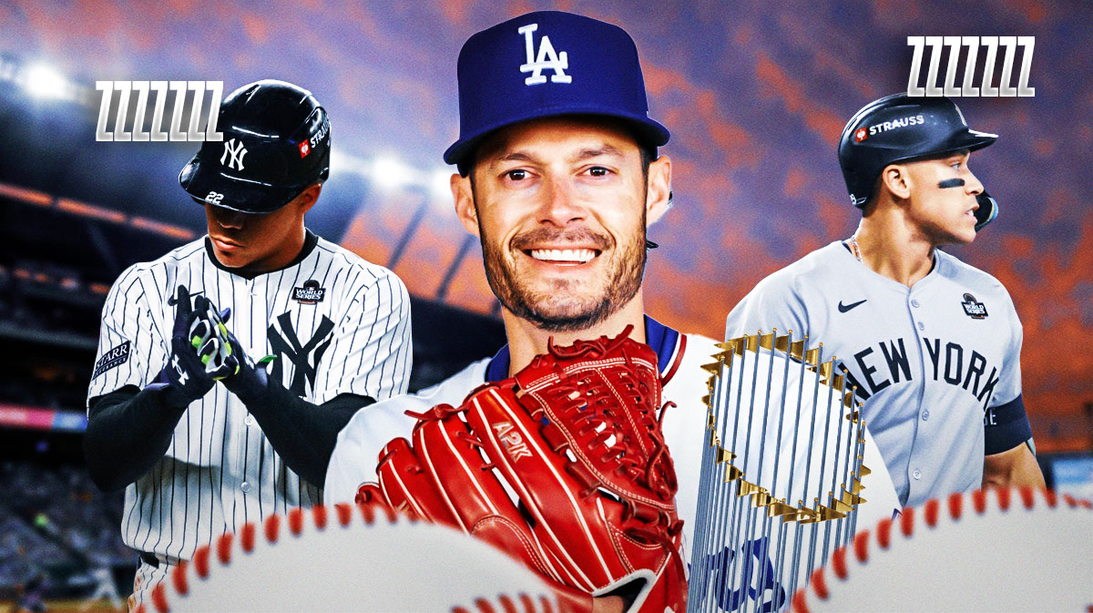 Dodgers' Joe Kelly laughing with 2024 World Series trophy, with Yankees' Aaron Judge and Juan Soto sleeping beside Kelly, with zzz on Judge and Soto