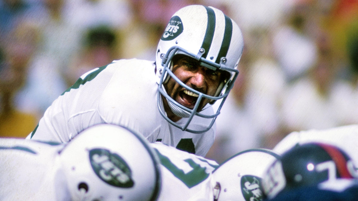 New York Jets quarterback Joe Namath (12) in action against the New York Giants during the 1969 pre-season at the Yale Bowl.