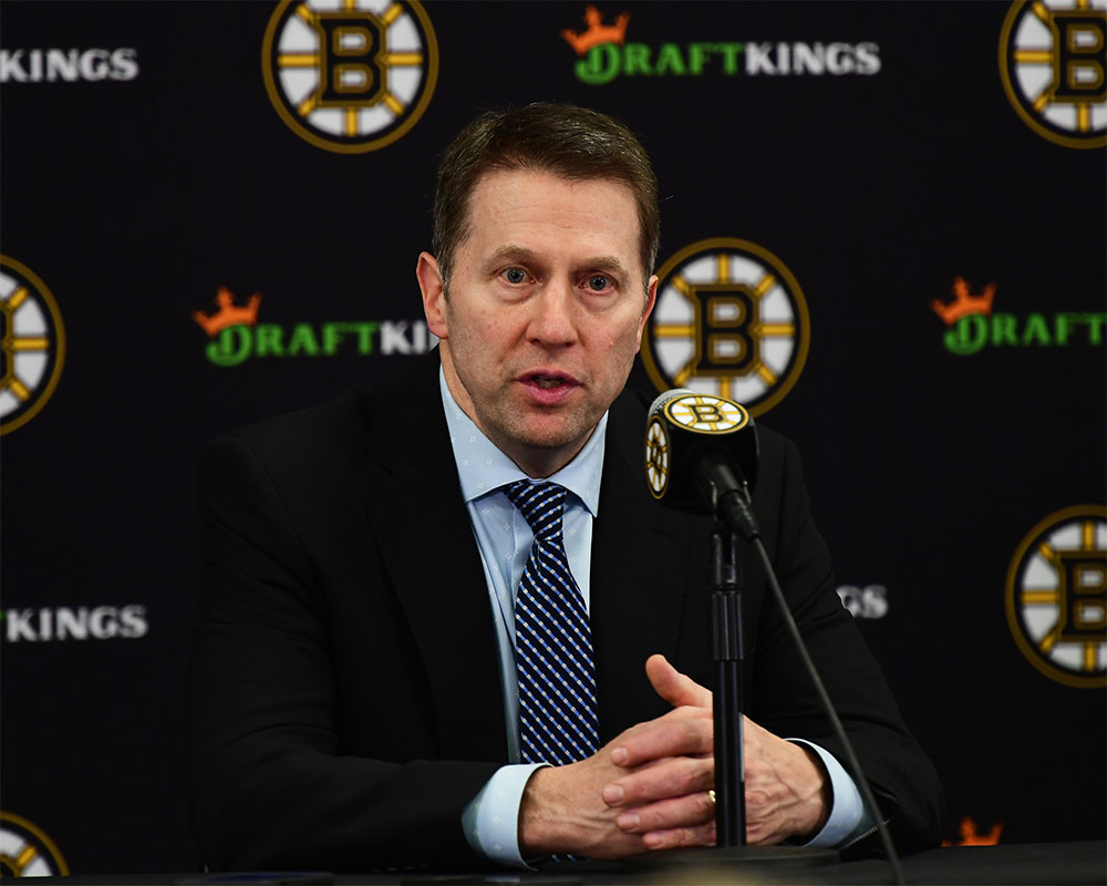 Boston Bruins interim coach Joe Sacco speaks to the media after his team defeated the Utah Hockey Club at TD Garden.