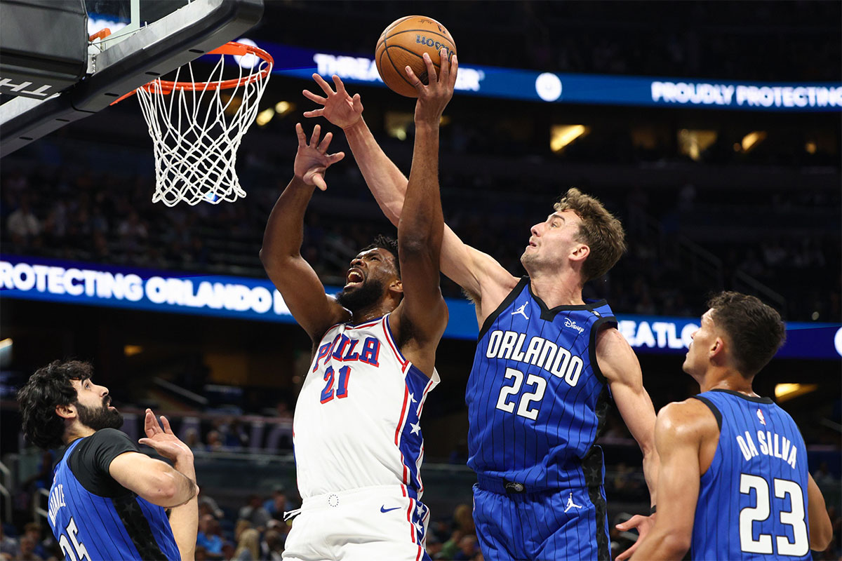 Philadelphia 76ers center Joel Embiid (21) is fouled by Orlando Magic forward Franz Wagner (22) in the first quarter at Kia Center.