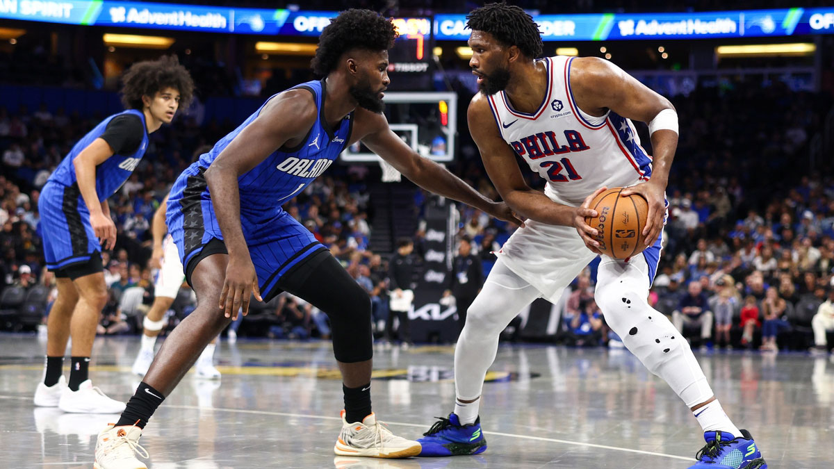 Philadelphia 76ers center Joel Embiid (21) is guarded by Orlando Magic forward Jonathan Isaac (1) in the second quarter at Kia Center.