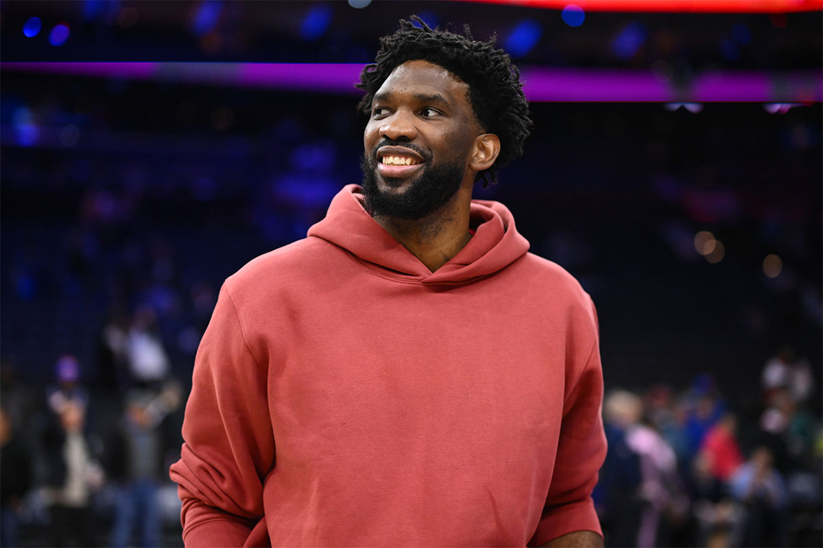 Nov 13, 2024; Philadelphia, Pennsylvania, USA; Philadelphia 76ers center Joel Embiid (21) looks on after the game against the Cleveland Cavaliers at Wells Fargo Center. Mandatory Credit: Kyle Ross-Imagn Images