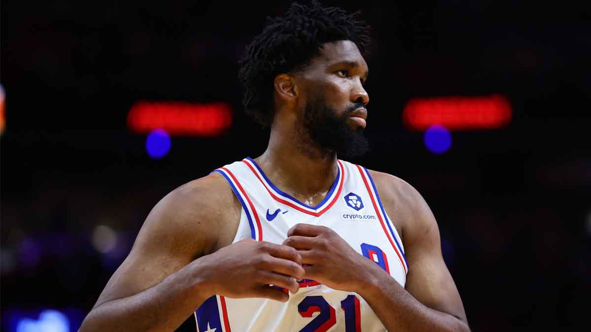 Nov 18, 2024; Miami, Florida, USA; Philadelphia 76ers center Joel Embiid (21) looks on against the Miami Heat during the third quarter at Kaseya Center. Mandatory Credit: Sam Navarro-Imagn Images